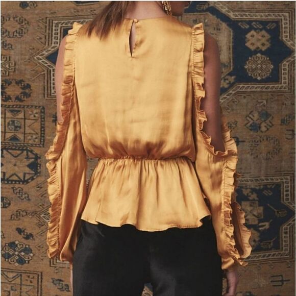Tularosa Revolve Shilo Satin Open Sleeve Ruffle Blouse in Marigold Size XS - Picture 3 of 11